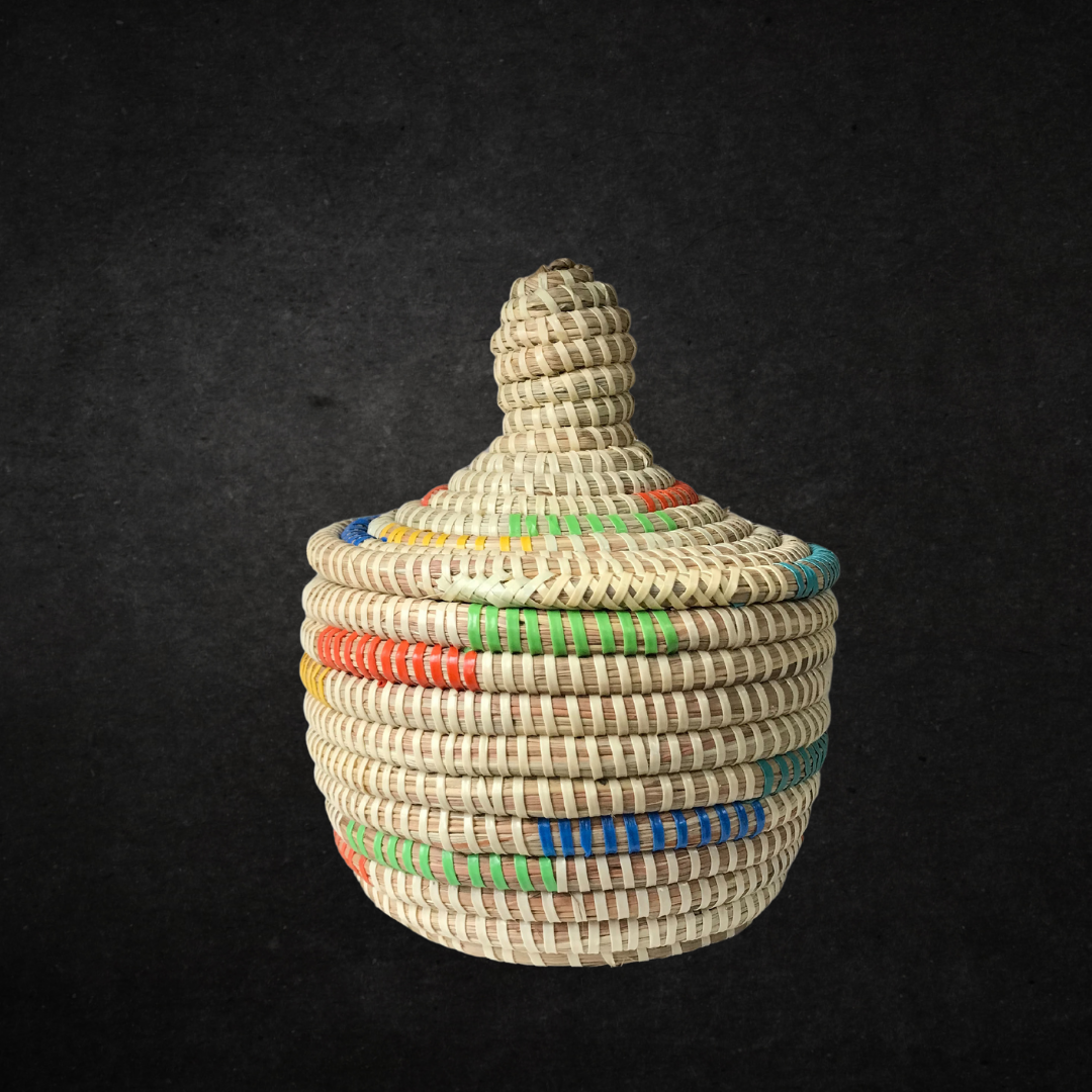 Tan Color Mini Basket With Colorful Horizontal Stripes
